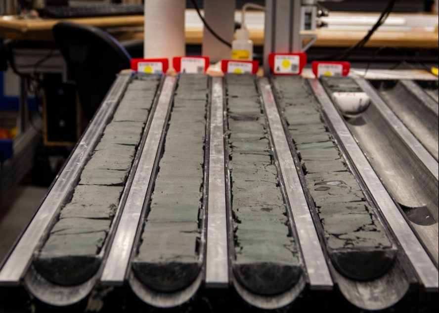 A newly split sediment core collected during Raymo’s expedition. (Photo: Lee Stevens & IODP)