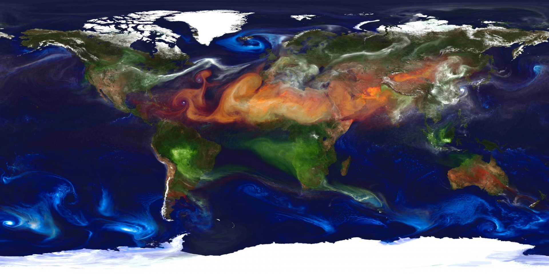 An image from a NASA Goddard Global Modeling and Assimilation Office simulation of the atmosphere that captured how winds disperse vast quantities of aerosols — dust (red), sea salt (blue), sulphate (white) and black and organic carbon (green) — around the world. Such simulations allow scientists to better understand how these tiny particulates travel in the atmosphere and influence weather and climate. Image credit: William Putman, NASA/Goddard