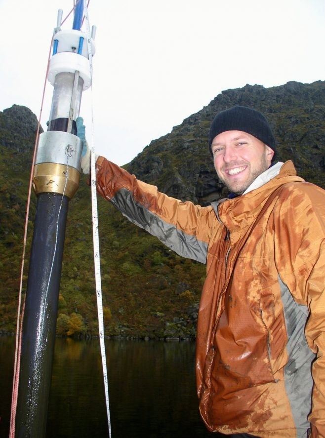 Billy D'Andrea and a sediment coring device