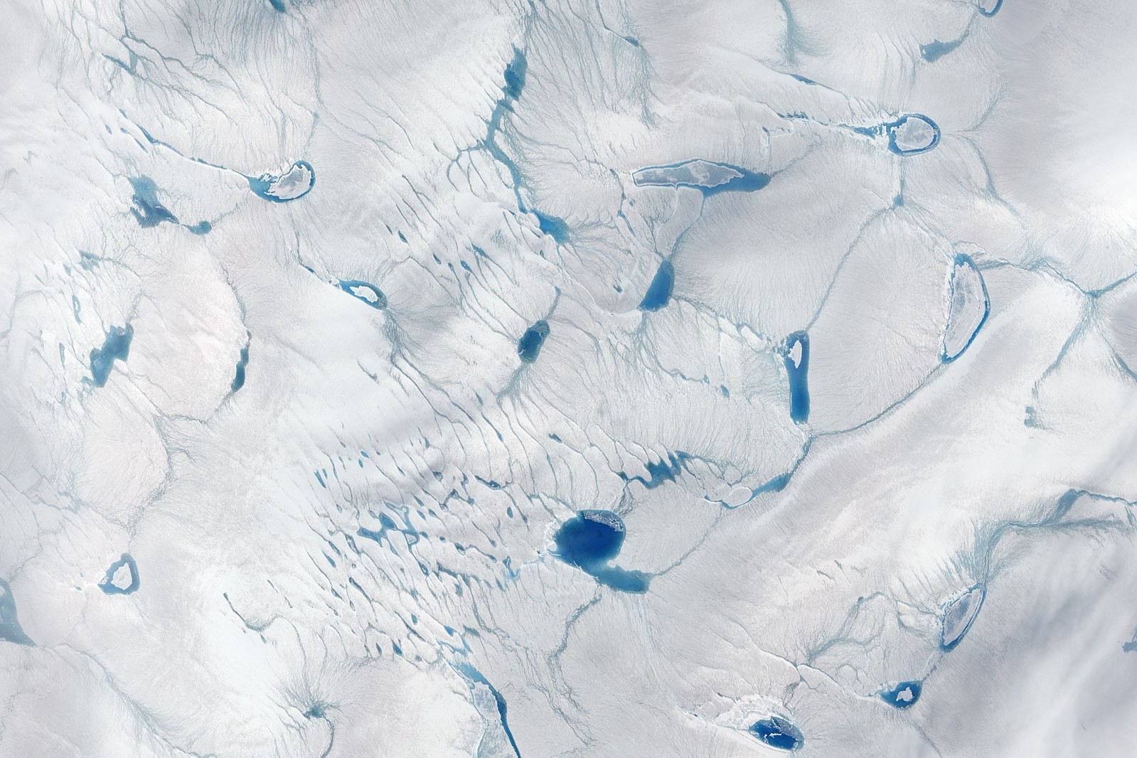 Surface melting on the Greenland Ice Sheet in June 2016. (Image: Jesse Allen/NASA Earth Observatory)