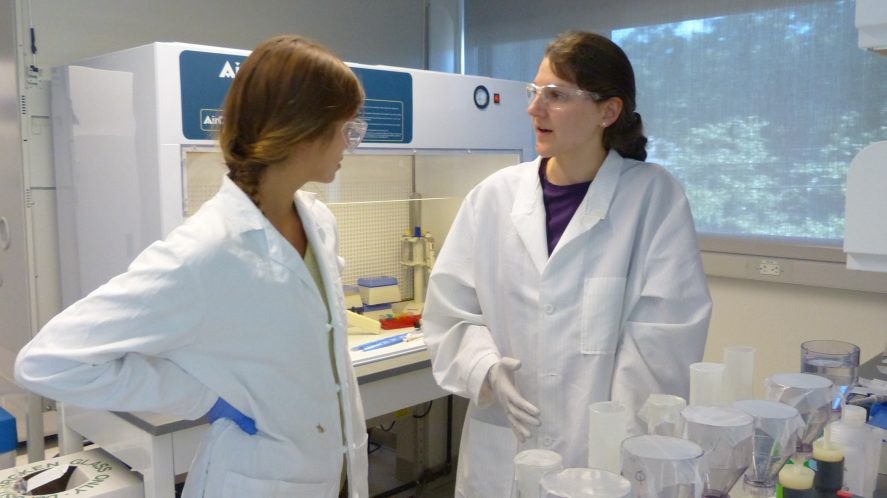 Gwenn Hennon (right), a postdoctoral research scientist at Lamont-Doherty, talks with her summer student Olivia “Liv” Williamson. Hennon grew marine microbes under a range of carbon dioxide levels to examine how they would respond to changing ocean conditions. (Image: Alexandra Bausch) Gwenn Hennon (right), a postdoctoral research scientist at Lamont-Doherty, talks with her summer student Olivia “Liv” Williamson. Hennon grew marine microbes under a range of carbon dioxide levels to examine how they would respond to changing ocean conditions. (Image: Alexandra Bausch)