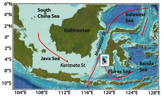 Location of Linsley et al.’s study sites in the Makassar Strait in relation to water depth and general flow vectors for the Indonesian Throughflow. Graphic: Linsley et al., Geophysical Research Letters 2017. Location of Linsley et al.’s study sites in the Makassar Strait in relation to water depth and general flow vectors for the Indonesian Throughflow. Graphic: Linsley et al., Geophysical Research Letters 2017.