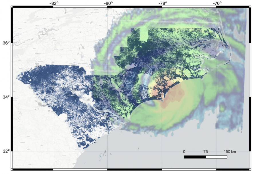 Distribution of properties in North Carolina and South Carolina used to estimate the exposed-property damage from Hurricane Florence. An image of Hurricane Florence making landfall is included as a reference. (Image: Tedesco et al., 2020; hurricane image courtesy of Cyclocane)