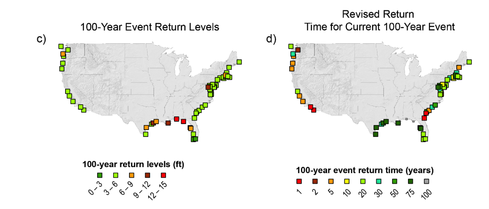 Sea level rise of just two feet, without any changes in storms, would more than triple the frequency of dangerous coastal flooding along much of the U.S. coast. (Figure courtesy of Radley Horton) Sea level rise of just two feet, without any changes in storms, would more than triple the frequency of dangerous coastal flooding along much of the U.S. coast. (Figure courtesy of Radley Horton)