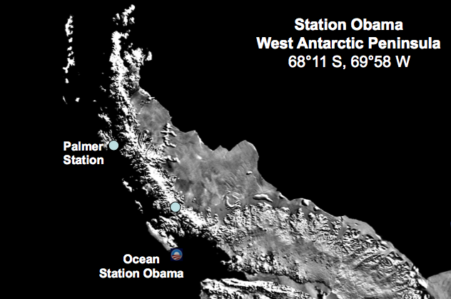 Ocean Station Obama, off the West Antarctic Peninsula. (Courtesy of Hugh Ducklow) Ocean Station Obama, off the West Antarctic Peninsula. Courtesy of Hugh Ducklow