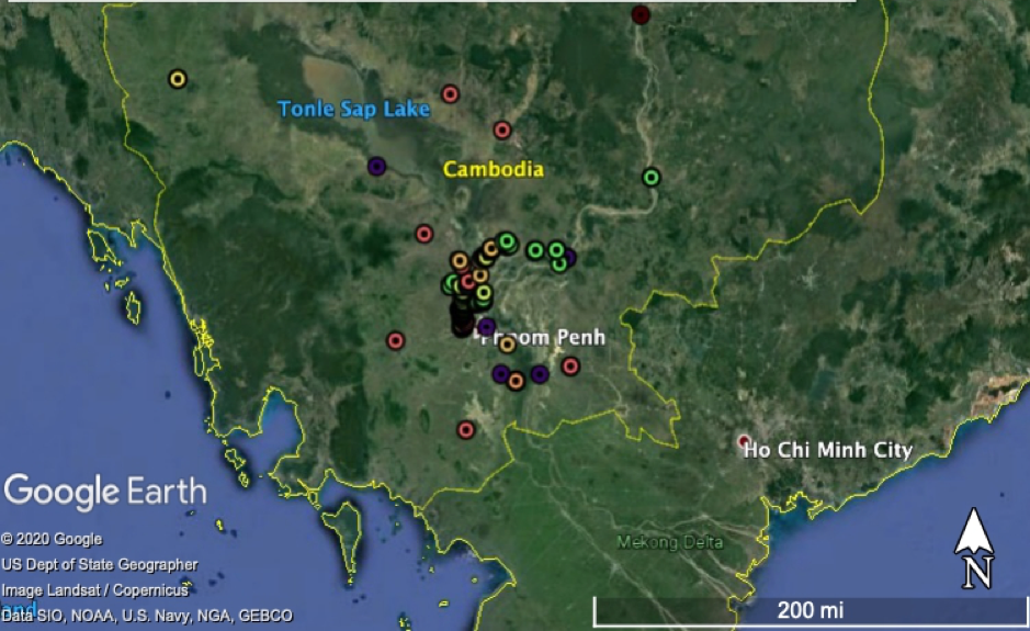 A map showing the distribution of arsenic data sites and hydrological stations in Cambodia.