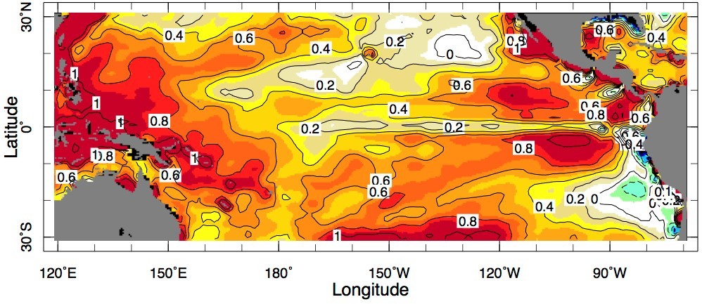 The tropical Pacific Ocean (Australia and South America in gray, left and right). Top map shows what climate models say sea-surface temperatures should be doing in response to rising greenhouse gases, including pronounced warming of waters along the equator. Bottom map shows what the waters are actually doing; the equatorial waters are remaining relatively cool. (Seager et al., Nature Climate Change 2019)