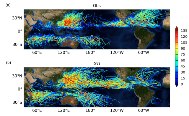 The top map shows historical tropical-cyclone tracks from 2000 to 2012. The bottom maps shows tracks for this same time period, simulated by the new model. Colors indicate storm intensity, red being the highest and blue the lowest. The top map shows historical tropical-cyclone tracks from 2000 to 2012. The bottom maps shows tracks for this same time period, simulated by the new model. Colors indicate storm intensity, red being the highest and blue the lowest.